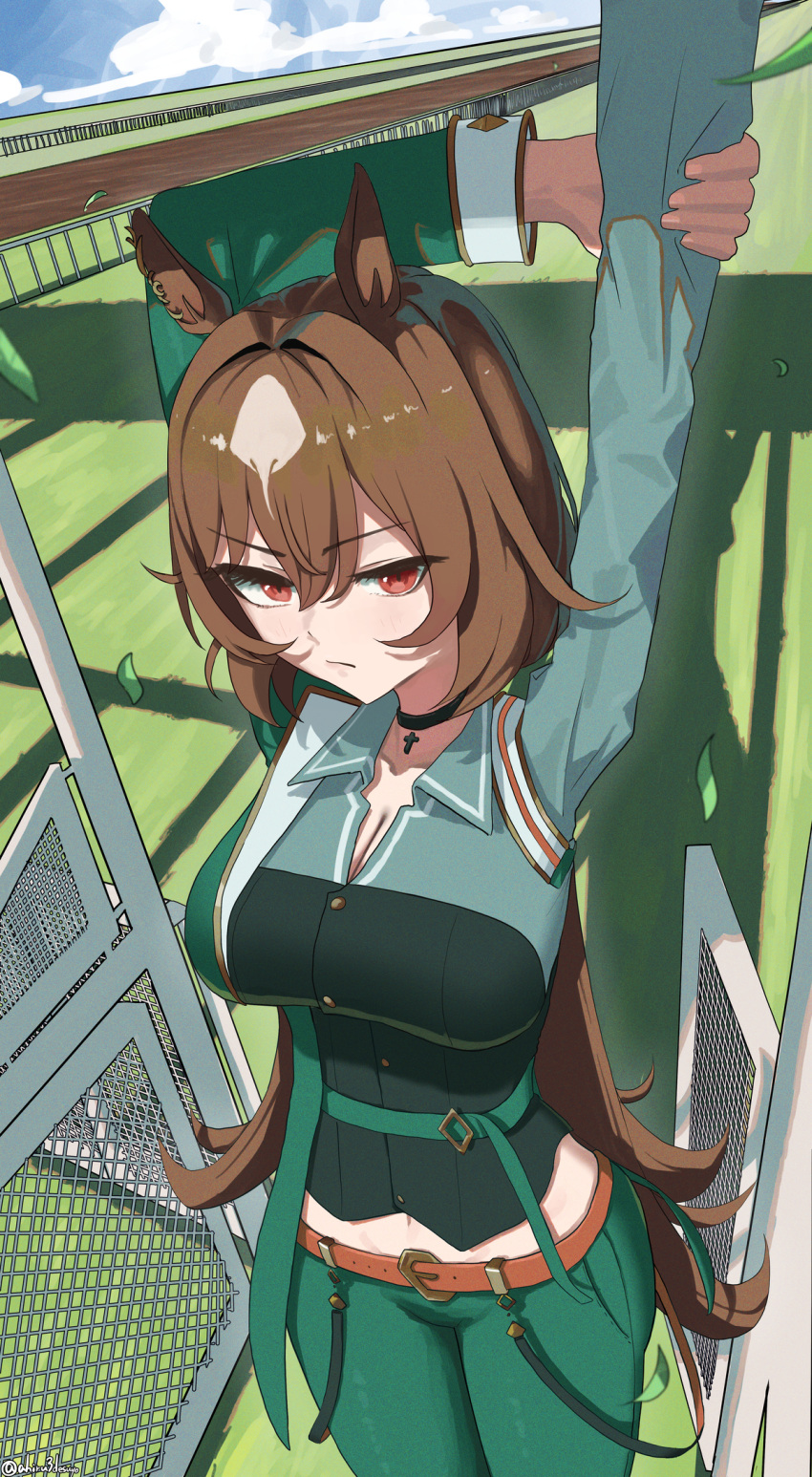 1girl ahiru3desuyo animal_ears arm_up asymmetrical_jacket belt black_gloves blue_sky breasts brown_hair cleavage collared_shirt commentary_request ear_ornament fingerless_gloves from_above gloves grass green_jacket green_pants green_shirt hair_between_eyes hand_on_own_hip highres horse_ears horse_girl horse_tail jacket jewelry large_breasts long_hair long_sleeves looking_to_the_side midriff_peek multicolored_hair navel outdoors pants red_eyes shadow shirt sirius_symboli_(umamusume) sky solo starting_gate streaked_hair tail umamusume very_long_hair white_hair