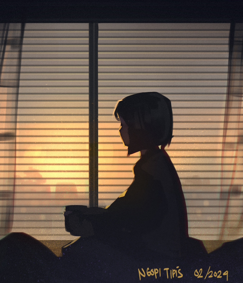 1girl commentary dated english_commentary from_side highres indoors kopianget original profile short_hair sitting solo sunrise window window_blinds