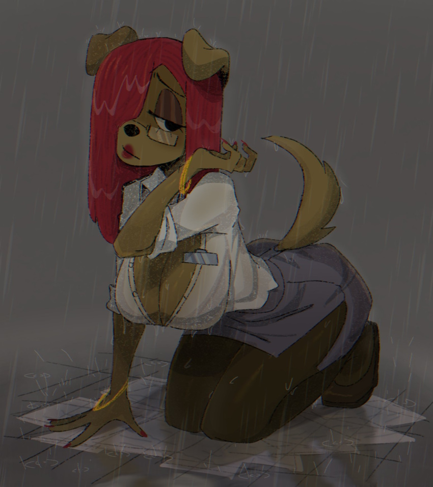 anthro big_breasts bottomwear bracelet breasts brown_body brown_fur canid canine canis cleavage clothed clothing domestic_dog dress_shirt eyelids female footwear fur hair hair_over_eye half-closed_eyes hi_res jewelry leggings legwear lips lipstick makeup mammal narrowed_eyes office_lady one_eye_obstructed raining red_hair red_lips red_lipstick shirt shoes skirt solo topwear water wet zzzilart