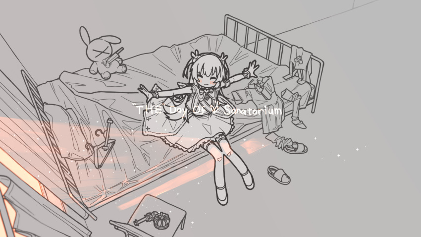 1girl bed blush bow bowtie brooch chair closed_eyes closed_mouth clothes_hanger clothes_on_bed coattails crack_of_light crown curtains dress facing_viewer from_above greyscale hair_ornament heart heart_brooch highres indoors jewelry kitchen_knife light_particles long_hair microphone monochrome natori_sana on_bed outstretched_arms rabbit_hair_ornament sana_channel shoes sitting sleeveless sleeveless_dress slippers smile solo spot_color spread_arms stuffed_animal stuffed_rabbit stuffed_toy thighhighs two_side_up uewtsol unworn_crown unworn_dress unworn_slippers unworn_thighhighs vest virtual_youtuber wide_shot wrist_cuffs
