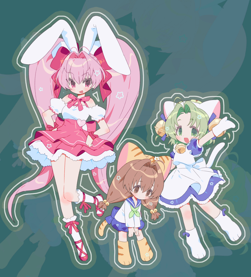 3girls :d ahoge animal_ears animal_hat antenna_hair apron arm_up back_bow bell blue_bow blue_dress blue_ribbon blue_sailor_collar blue_shorts blush bow brown_hair cat_hat cat_tail closed_mouth dejiko detached_sleeves di_gi_charat dice_hair_ornament dot_nose dress flower footwear_bow frilled_sleeves frilled_socks frills full_body green_eyes green_hair green_neckerchief hair_bell hair_bow hair_intakes hair_ornament hair_ribbon hands_on_own_hips hat hat_flower heart height_difference highres kneehighs long_hair maid maid_apron medium_hair multiple_girls neck_bell neck_ribbon neckerchief open_mouth parted_bangs paw_shoes pink_bow pink_eyes pink_footwear pink_hair pink_ribbon pink_skirt puchiko puffy_detached_sleeves puffy_shorts puffy_sleeves rabbit_ears ribbon sailor_collar school_uniform seoji serafuku shirt shorts skirt sleeveless sleeveless_shirt smile socks standing standing_on_one_leg star_(symbol) tail twintails usada_hikaru very_long_hair waving white_apron white_bow white_flower white_footwear white_headwear white_shirt white_socks white_tail wrist_ribbon yellow_footwear yellow_headwear yellow_tail zoom_layer