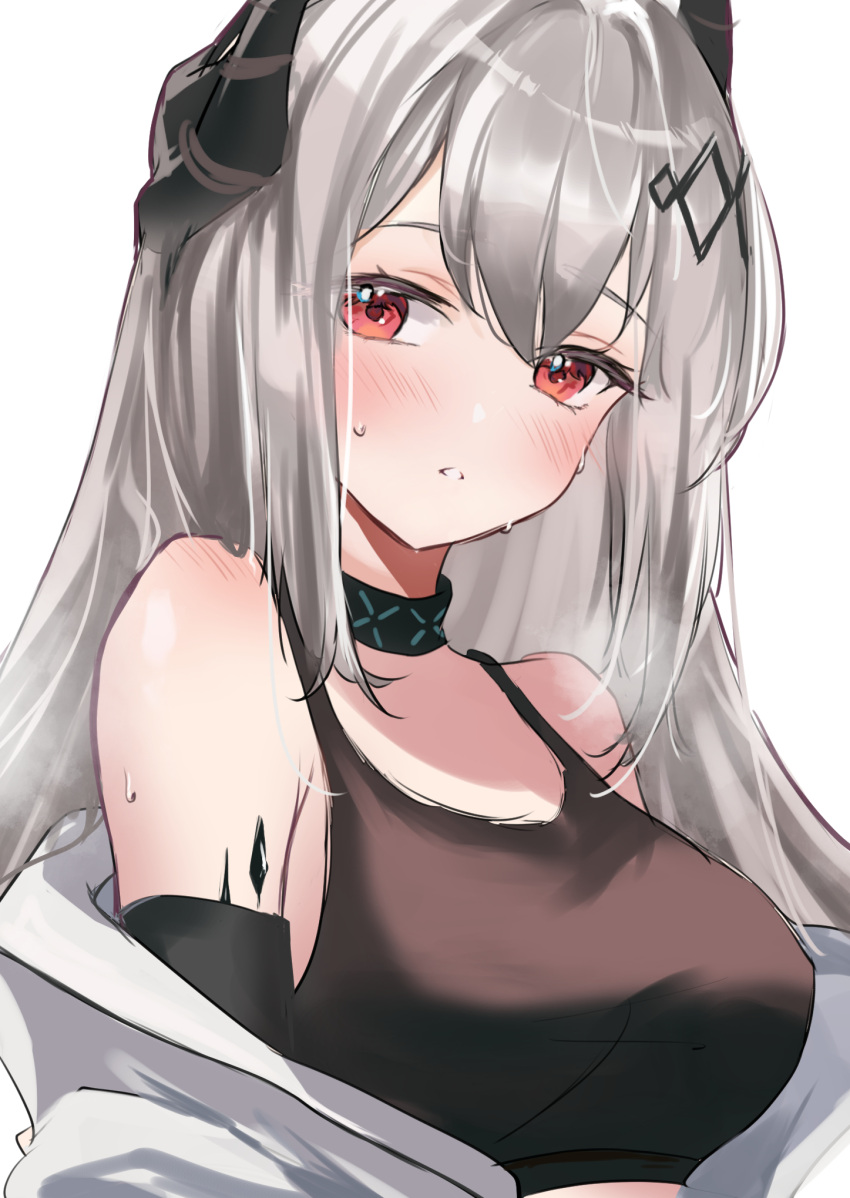 1girl arknights bare_shoulders black_tank_top blush breasts grey_hair hair_between_eyes highres horns infection_monitor_(arknights) jacket large_breasts long_hair looking_at_viewer mudrock_(arknights) off_shoulder open_mouth portrait raramente red_eyes shirt simple_background sleeveless sleeveless_shirt solo straight_hair sweat tank_top teeth white_background white_jacket