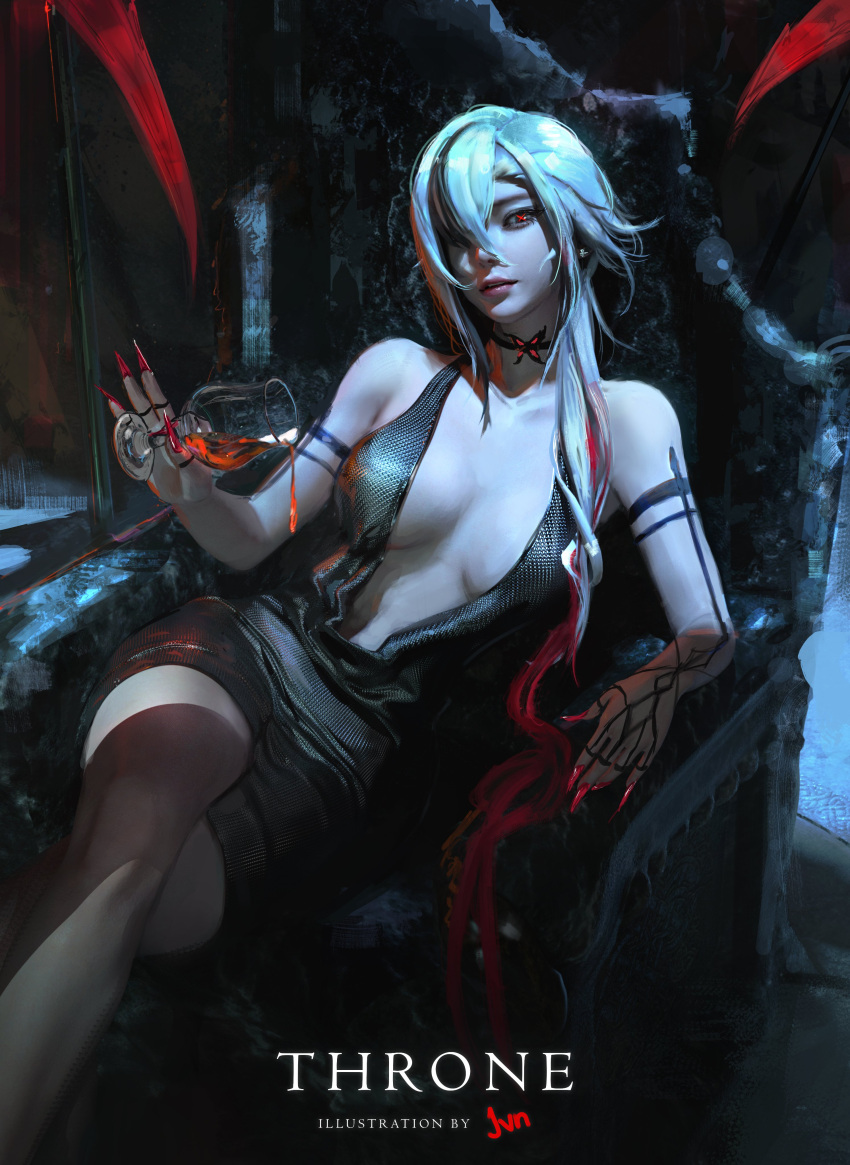 1girl absurdres arlecchino_(genshin_impact) black_eyes black_hair black_hands breasts breasts_apart butterfly_choker crossed_legs cup dress english_commentary fingernails genshin_impact highres holding holding_cup jvn_(jvn_artwork) large_breasts lips long_hair long_hair_between_eyes looking_at_viewer multicolored_hair pencil_dress red_hair red_nails sharp_fingernails short_dress sitting sleeveless sleeveless_dress solo spilling streaked_hair symbol-shaped_pupils throne white_hair x-shaped_pupils