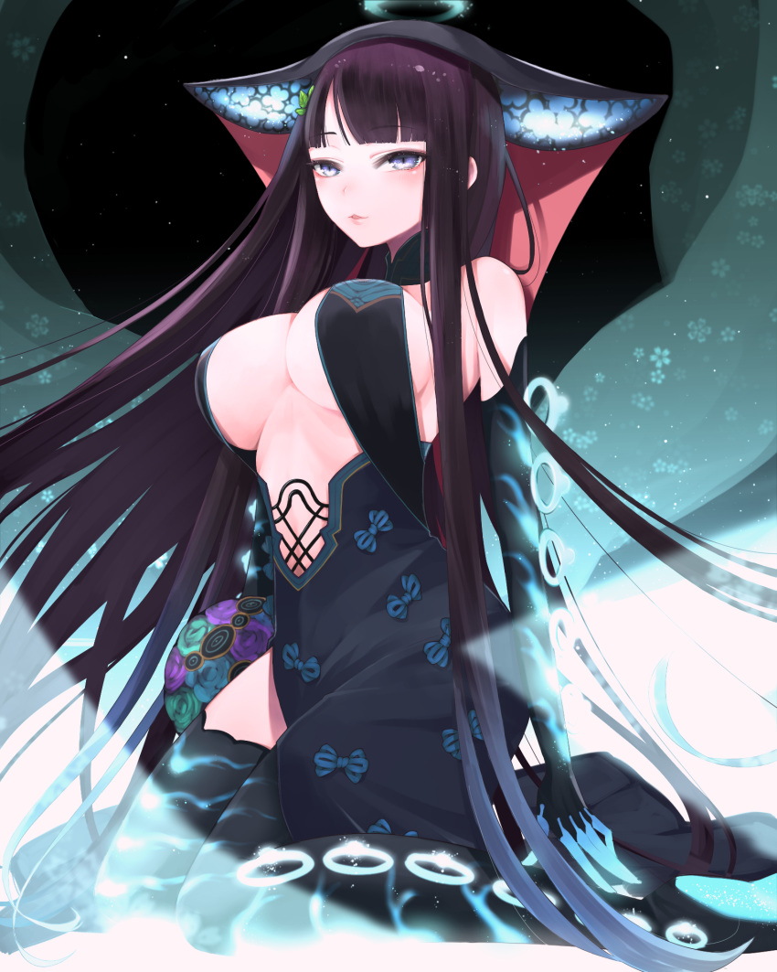 1girl bare_shoulders black_dress black_gloves black_headwear black_thighhighs blue_eyes blunt_bangs blush breasts center_opening cleavage dress elbow_gloves fate/grand_order fate_(series) gloves hair_ornament halo hazuki-a highres large_breasts leaf_hair_ornament long_hair looking_at_viewer parted_lips pelvic_curtain purple_hair seiza sidelocks sitting smile solo thighhighs very_long_hair yang_guifei_(fate) yang_guifei_(third_ascension)_(fate)