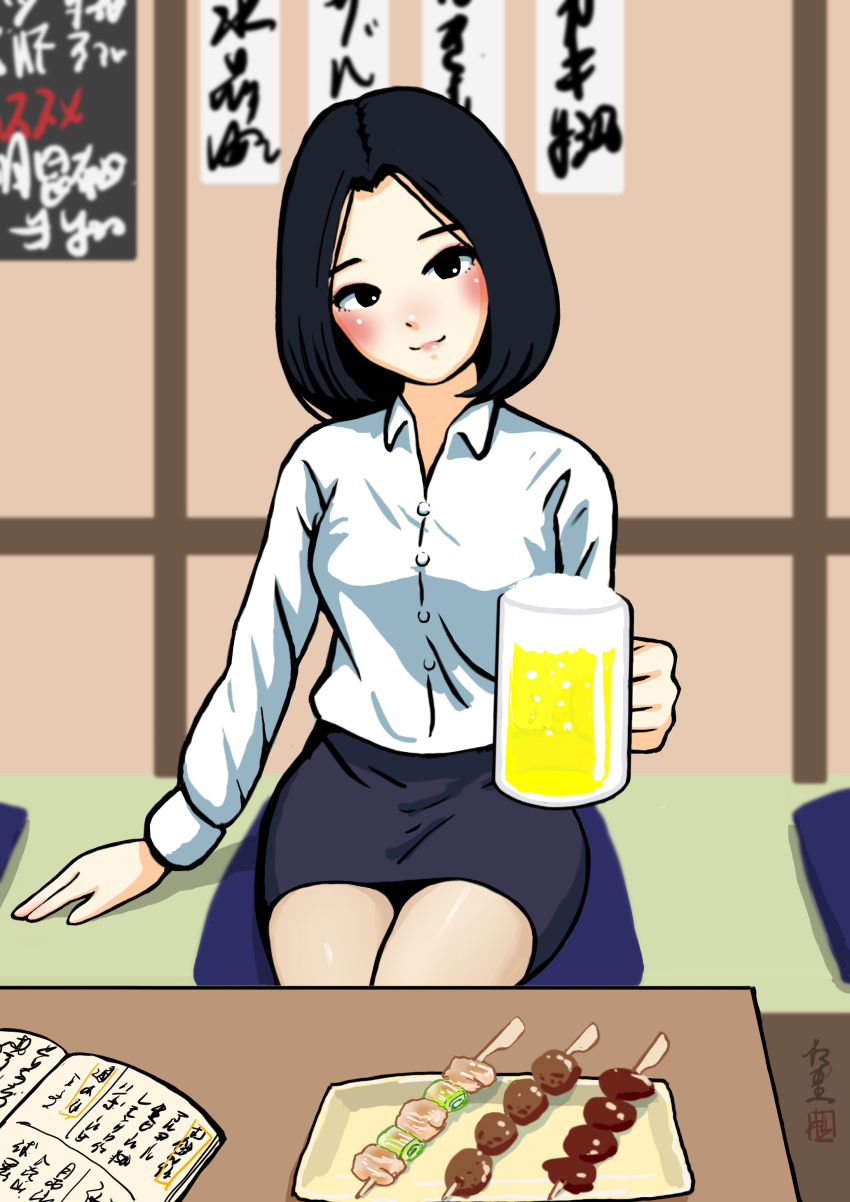 1girl absurdres alcohol beer beer_mug black_hair book collared_shirt cup food forehead head_tilt highres izakaya looking_at_viewer miniskirt mug office_lady original pencil_skirt shirt short_hair sitting skirt smile suit survival_ibaru yakitori