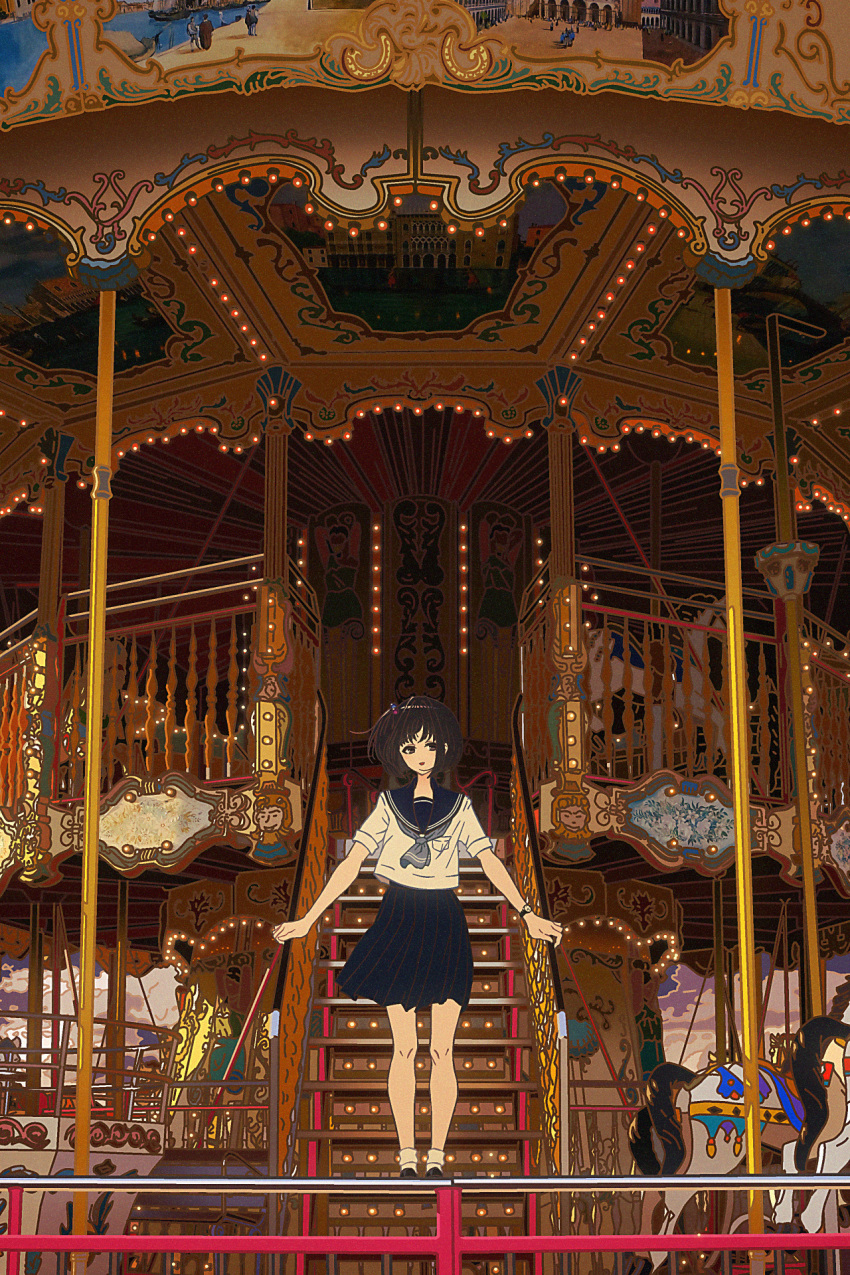 1girl amemori_sayo amusement_park bare_legs black_eyes black_footwear black_hair black_sailor_collar black_skirt carousel day grey_neckerchief hand_on_railing highres horse loafers looking_at_viewer miniskirt neckerchief nijisanji nkymyura on_stairs outdoors pleated_skirt railing sailor_collar school_uniform serafuku shirt shoes short_hair short_sleeves sidelocks skirt socks solo virtual_youtuber white_horse white_shirt white_socks wide_shot