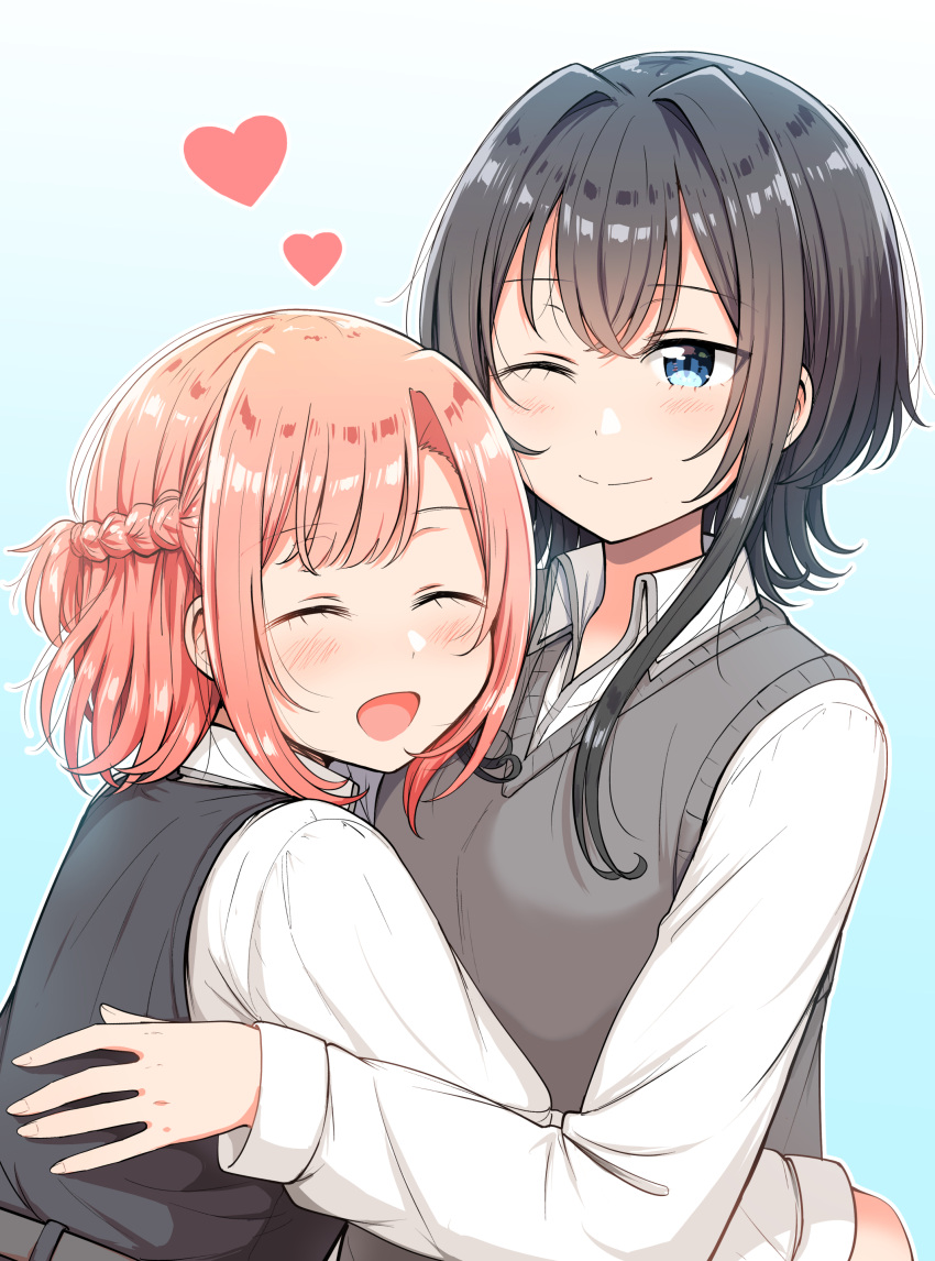 2girls ^_^ absurdres asanagi_yori betock black_dress black_hair blue_background blue_eyes blush brown_hair closed_eyes closed_mouth collared_shirt commentary_request couple dress dress_shirt gradient_background grey_sweater_vest hair_intakes half_updo heart highres hug kino_himari long_sleeves looking_at_viewer medium_hair multiple_girls one_eye_closed open_mouth outline partial_commentary pinafore_dress sasayaku_you_ni_koi_wo_utau school_uniform shirt short_hair sidelocks sleeveless sleeveless_dress sweater_vest upper_body white_outline white_shirt wolf_cut yuri