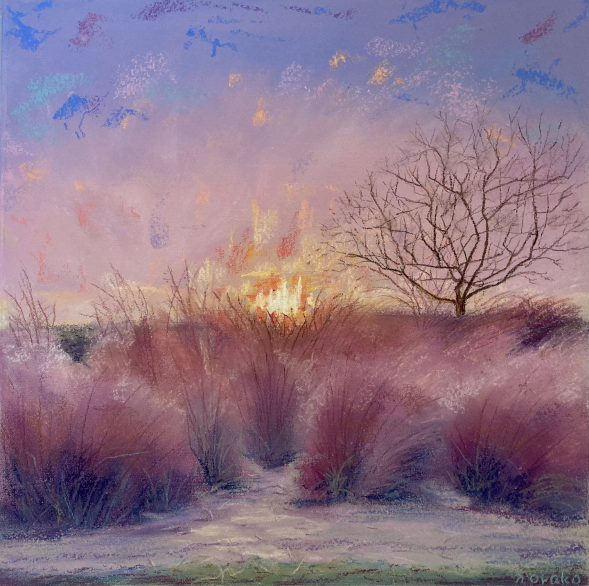 artist_name bare_tree blue_sky bush fire grass highres horizon light morning norako_pastel original scenery signature sky sunrise tree