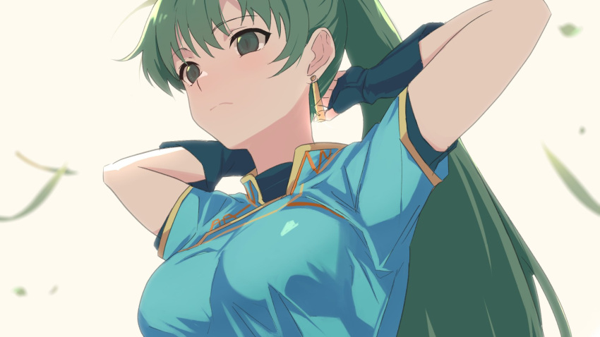 1girl ahonoko arms_behind_head black_gloves black_undershirt blue_dress breasts closed_mouth commentary_request dress earrings falling_leaves fingerless_gloves fire_emblem fire_emblem:_the_blazing_blade gloves gold_earrings green_eyes green_hair high_collar high_ponytail highres jewelry large_breasts leaf long_hair lyn_(fire_emblem) short_sleeves simple_background solo turtleneck upper_body very_long_hair