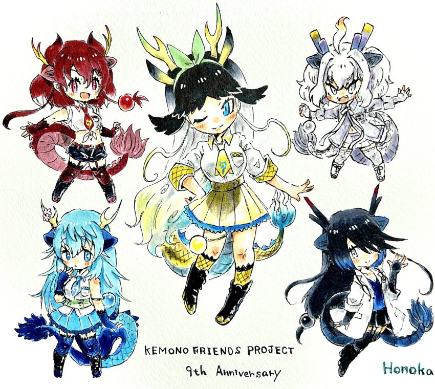 5girls animal_ears anniversary black_dragon_(kemono_friends) black_hair blue_dragon_(kemono_friends) blue_eyes blue_hair boots coat dragon_girl dragon_horns dragon_tail extra_ears gloves grey_eyes highres honoka3049 horns kemono_friends kirin_(kemono_friends) long_hair looking_at_viewer multicolored_hair multiple_girls necktie one_eye_closed red_dragon_(kemono_friends) red_eyes red_hair shirt short_hair simple_background skirt sleeveless tail thighhighs white_coat white_dragon_(kemono_friends) white_hair