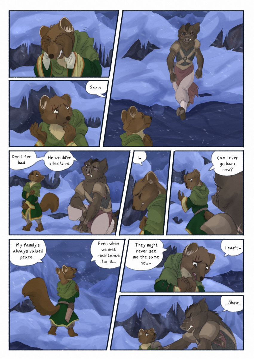 2024 anthro biped bjekkergauken brown_body brown_fur brown_tail clothed clothing colored comic dialogue dialogue_box duo english_text fur green_clothing gulonine hand_on_head herja_(bjekkergauken) hi_res larger_anthro male mammal marten mustelid musteline outside pine_marten scar shirin_(bjekkergauken) size_difference smaller_anthro snow snowing speech_bubble suid suina sus_(pig) tail text wild_boar