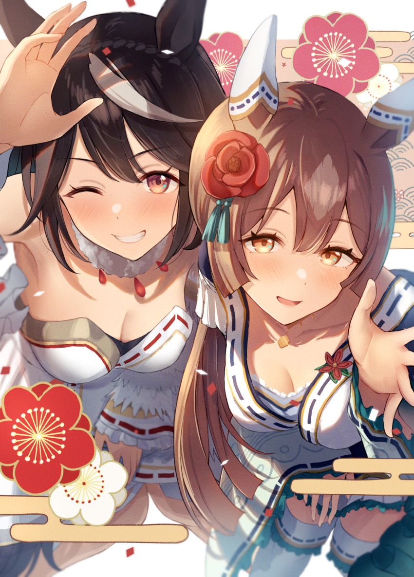 2girls animal_ears arm_up bare_shoulders black_hair breasts brown_eyes brown_hair cleavage collarbone commentary_request ear_covers ear_ornament egasumi flower frilled_kimono frills fur_choker grin hair_between_eyes hair_flower hair_ornament highres horse_ears horse_girl japanese_clothes kimono kitasan_black_(jubilant_star_auspicious_crane)_(umamusume) kitasan_black_(umamusume) large_breasts leaning_forward long_hair looking_at_viewer multicolored_clothes multicolored_hair multicolored_kimono multiple_girls official_alternate_costume official_alternate_hairstyle one_eye_closed open_mouth ray_mil68 red_eyes ribbon-trimmed_kimono satono_diamond_(floral_star_prosperous_green)_(umamusume) satono_diamond_(umamusume) short_hair smile streaked_hair umamusume waving white_hair zettai_ryouiki