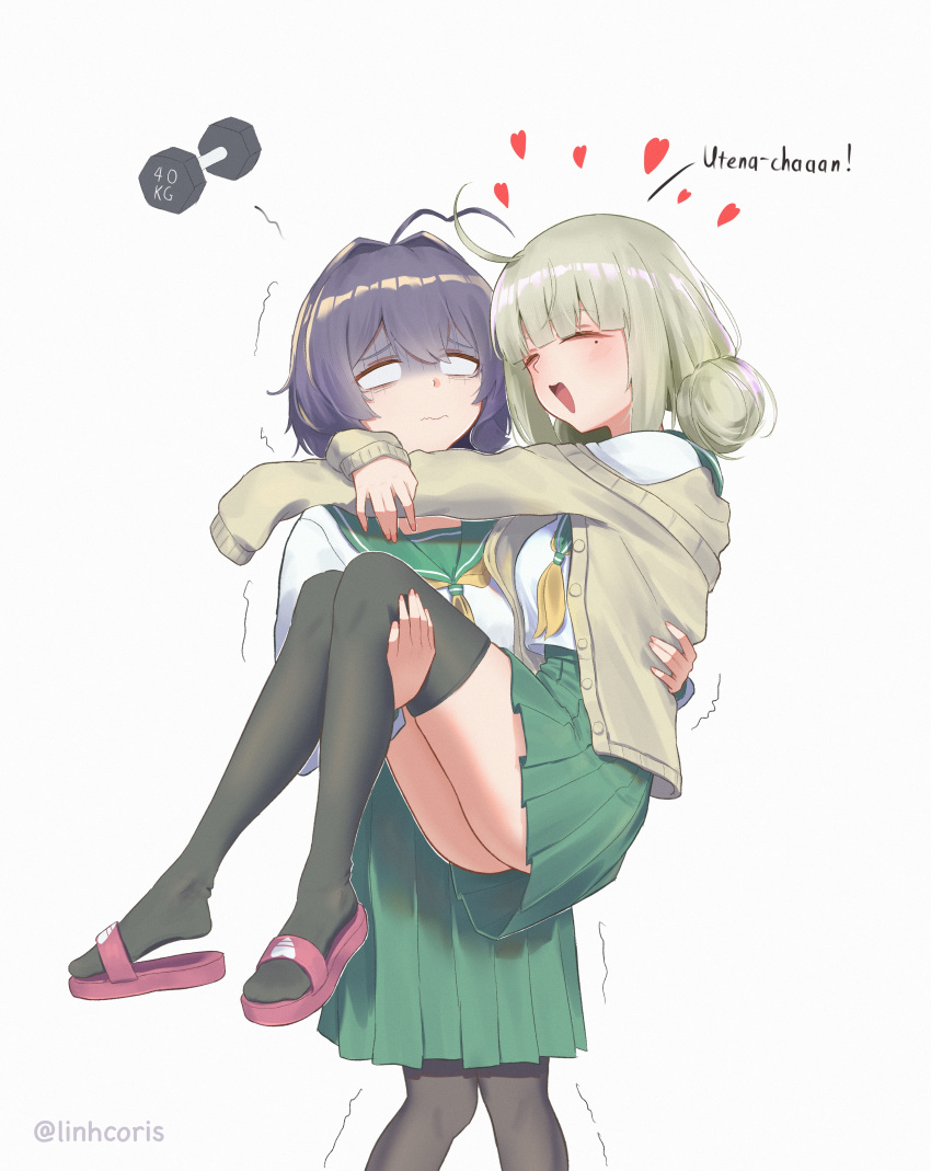 2girls ^^^ absurdres ahoge araga_kiwi black_thighhighs blank_eyes blush brown_cardigan cardigan carrying carrying_person closed_eyes commentary double_bun dumbbell feet_out_of_frame furrowed_brow green_sailor_collar green_skirt hair_bun heart heavy highres hiiragi_utena knees_together_feet_apart light_brown_hair lincoris long_sleeves mahou_shoujo_ni_akogarete medium_hair mole mole_under_eye multiple_girls neckerchief off_shoulder open_cardigan open_clothes open_mouth pleated_skirt princess_carry purple_hair sailor_collar sandals school_uniform shirt skirt sleeves_past_fingers sleeves_past_wrists smile standing symbol-only_commentary thighhighs trembling turn_pale twitter_username wavy_mouth white_background white_shirt yellow_neckerchief yuri