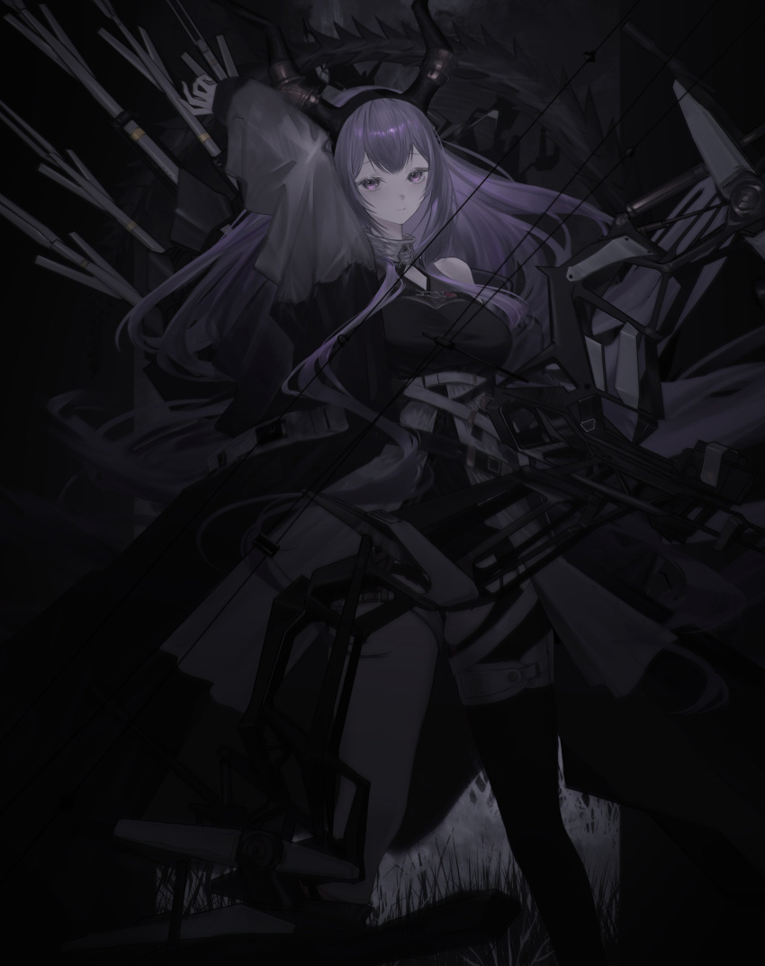1girl :| absurdres arknights arm_up black_hairband black_horns black_shirt black_thighhighs bow_(weapon) breasts closed_mouth compound_bow dark drawing_arrow expressionless fake_horns feet_out_of_frame garter_straps hairband highres holding holding_bow_(weapon) holding_weapon horns jacket large_breasts long_hair looking_at_viewer off_shoulder open_clothes open_jacket pink_eyes purple_hair quiver shirt sidelocks single_thighhigh sleeveless sleeveless_shirt solo thighhighs tsuji_yashiki typhon_(arknights) weapon white_jacket