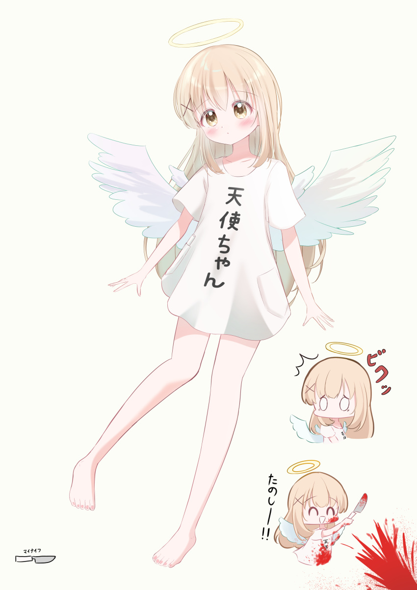 1girl absurdres angel angel_wings barefoot blank_eyes blonde_hair blood blood_on_clothes blood_on_face chibi collarbone dress golden_eyes hair_ornament hairpin halo haruiroha highres holding holding_knife knife light_blush long_hair original white_background white_dress wings