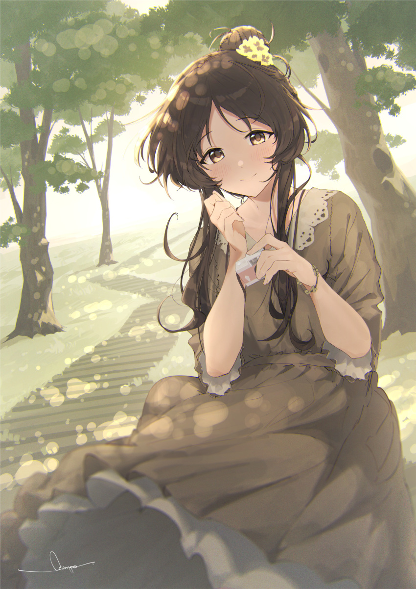 blush bracelet brown_dress brown_hair camera collarbone dress flower hair_bun hair_flower hair_ornament highres holding holding_camera idolmaster idolmaster_cinderella_girls jewelry looking_at_viewer outdoors sanpo_(sanpo_1027) sidelocks signature single_hair_bun smile stairs takamori_aiko tree