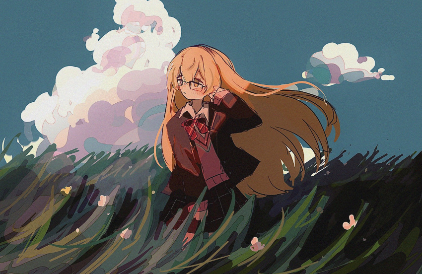 1girl arm_at_side black_jacket black_skirt blazer blonde_hair blue_sky bow bowtie cloud collared_shirt cowboy_shot cumulonimbus_cloud day floating_hair glasses grass hand_in_own_hair highres ienaga_mugi jacket landscape long_hair long_sleeves looking_to_the_side love_1_0_v_e miniskirt nature nijisanji open_clothes open_jacket outdoors pink_sweater plaid plaid_skirt pleated_skirt red_bow red_bowtie scenery shirt sidelocks skirt sky solo sweater tall_grass v-neck virtual_youtuber white_shirt wind yellow_eyes