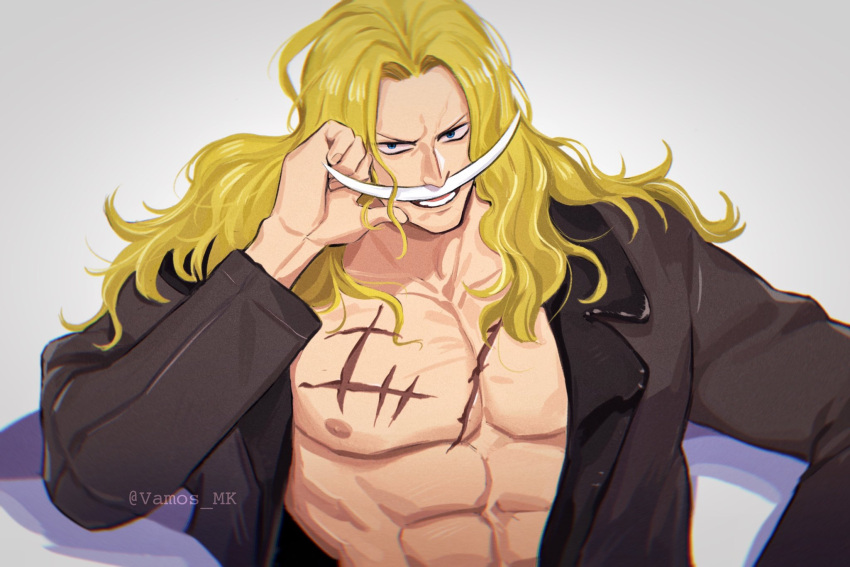 1boy abs black_jacket blonde_hair blue_eyes collarbone edward_newgate facial_hair hair_intakes hand_on_own_face highres jacket lapels long_hair long_mustache lower_teeth_only male_focus muscular muscular_male mustache nipples notched_lapels one_piece open_clothes open_jacket pectorals scar scar_on_chest smile solo suit_jacket teeth twitter_username upper_body vamos_mk white_background white_facial_hair