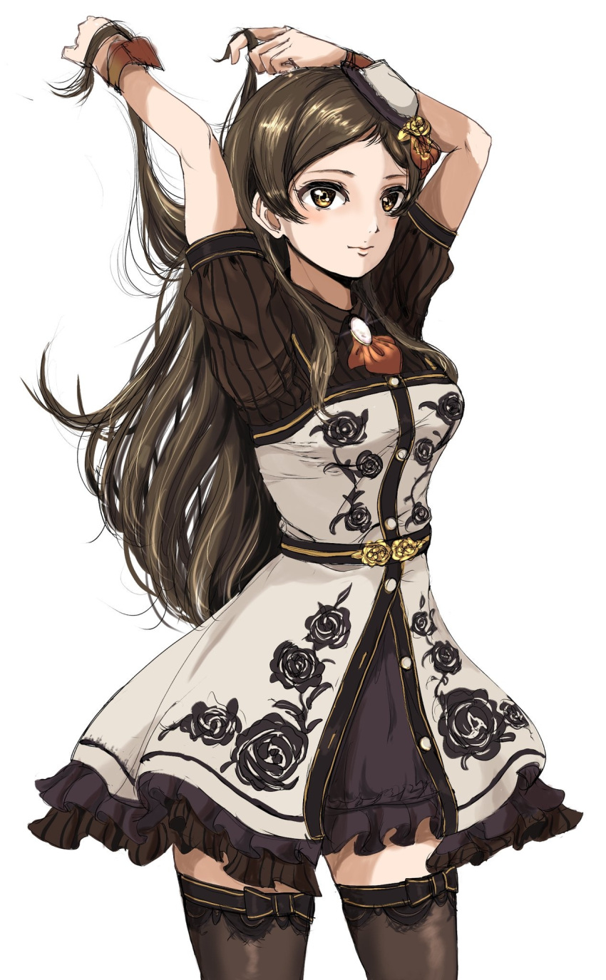 1girl arms_up ascot black_flower black_rose black_thighhighs blush breasts brooch brown_eyes brown_hair brown_wrist_cuffs closed_mouth cowboy_shot dress floral_print flower frilled_dress frills gatsby_ssl hat highres idolmaster idolmaster_million_live! idolmaster_million_live!_theater_days jewelry kitazawa_shiho long_hair looking_at_viewer medium_breasts mini_hat print_dress red_ascot rose rose_print short_sleeves simple_background smile solo standing thighhighs two-tone_dress white_background white_headwear zettai_ryouiki