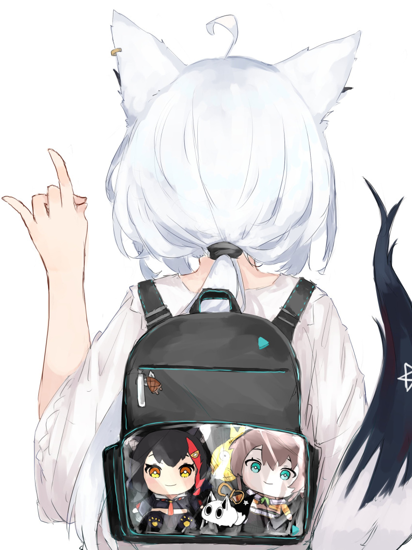 1girl absurdres ahoge alternate_color animal_ears backpack bag black_bag cameo earrings facing_away fox_ears fox_girl fox_shadow_puppet fox_tail from_behind hair_tie hand_up highres hololive jewelry logo long_hair low_ponytail magikarp natsuiro_matsuri nejima_kitsune_(shirakami_fubuki) official_alternate_costume ookami_mio oruyanke_(shirakami_fubuki) pentagram pokemon shiny_pokemon shirakami_fubuki shirakami_fubuki_(3rd_costume) shirt simple_background single_earring solo stuffed_toy suzu_coconatu tail transparent_bag upper_body virtual_youtuber white_background white_hair white_shirt wide_sleeves