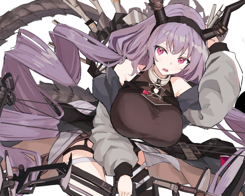 1girl arknights arm_up arrow_(projectile) black_dress blush bow_(weapon) breasts coat commentary compound_bow dress drill_hair grey_coat highres holding holding_bow_(weapon) holding_weapon horns huge_breasts long_hair looking_at_viewer off_shoulder open_mouth pink_eyes purple_hair quiver shiduki_eku solo tail typhon_(arknights) very_long_hair weapon