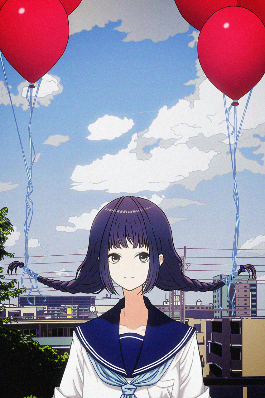 1girl amemori_sayo balloon blue_neckerchief blue_sailor_collar blue_sky braid breast_pocket building city closed_mouth cloud cloudy_sky collarbone day highres long_hair looking_at_viewer low_twin_braids neckerchief nijisanji nkymyura outdoors pocket portrait power_lines purple_hair sailor_collar school_uniform shirt sky smile solo straight-on tree twin_braids virtual_youtuber white_shirt yellow_eyes