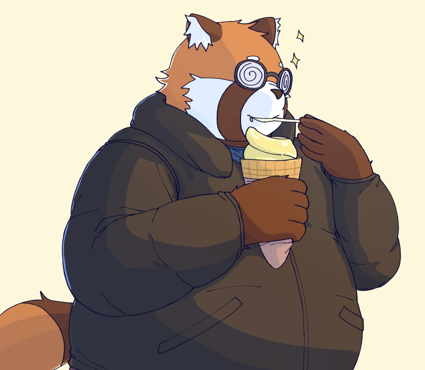 2024 absurd_res ailurid anthro bari_mu belly big_belly brown-body clothing dessert eating eyewear food glasses hi_res ice_cream kemono male mammal orange_body overweight overweight_male red_panda simple_background solo sweater topwear