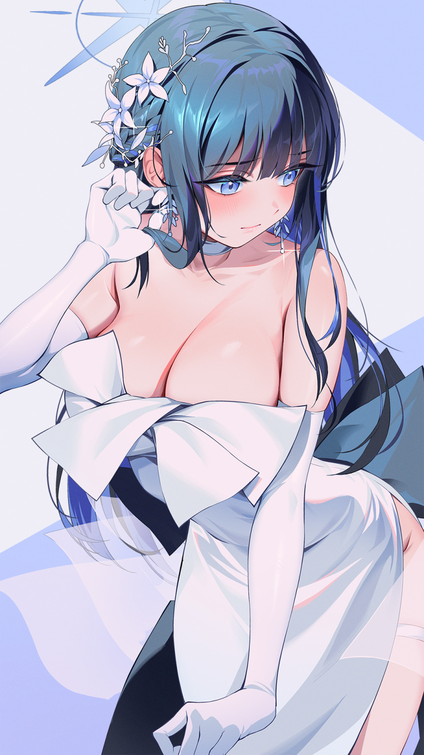 1girl adjusting_earrings averting_eyes bare_shoulders black_hair blue_archive blue_eyes blue_hair blush breasts choker cleavage closed_mouth collarbone colored_inner_hair cowboy_shot dress earrings elbow_gloves evening_gown flower gloves hair_flower hair_ornament halo highres jewelry kainown large_breasts long_bangs long_hair looking_to_the_side multicolored_hair no_panties saori_(blue_archive) saori_(dress)_(blue_archive) side_slit solo straight_hair strapless strapless_dress thigh_strap white_choker white_dress white_flower white_gloves wide_hips