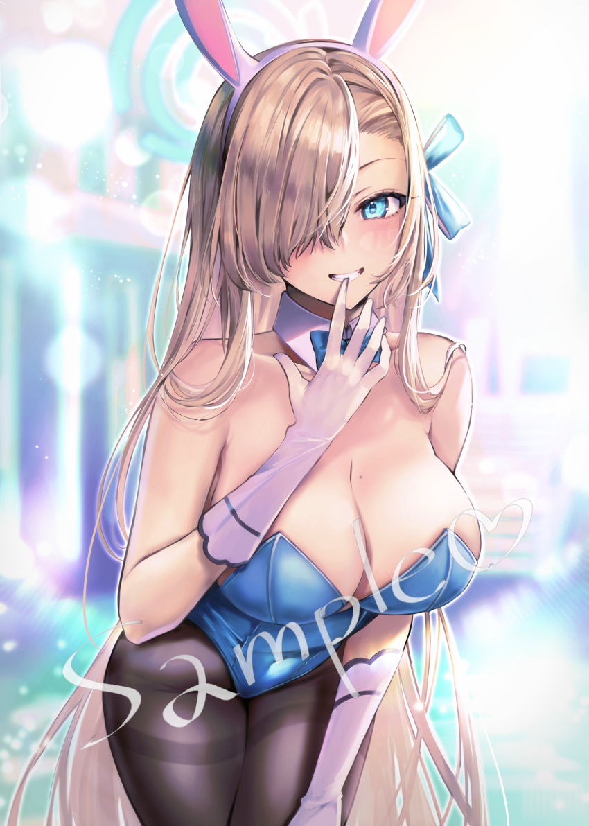 1girl absurdres animal_ears asuna_(blue_archive) asuna_(bunny)_(blue_archive) black_pantyhose blue_archive blue_eyes blue_leotard blush breasts cleavage cowboy_shot detached_collar fake_animal_ears gloves grin groin hair_over_one_eye hane_yuki highres large_breasts leotard light_brown_hair long_hair looking_at_viewer mole mole_on_breast pantyhose rabbit_ears sample_watermark smile solo strapless strapless_leotard watermark white_gloves