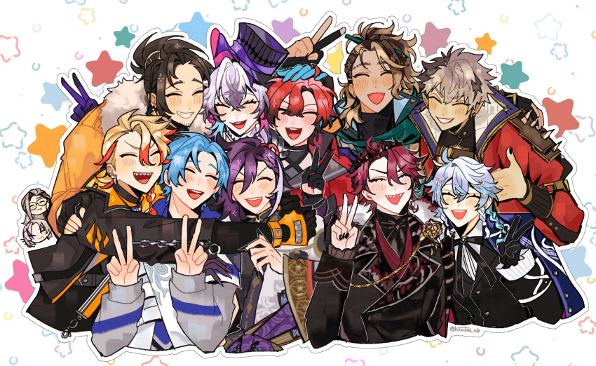 6+boys ^_^ absurdres arm_around_shoulder axel_syrios banzoin_hakka banzoin_hakka_(1st_costume) beard_stubble black_gloves black_hair black_nails black_ribbon black_shirt blonde_hair blue_hair blush braid braided_bangs brown_hair closed_eyes crimzon_ruze crown double_v ear_piercing earrings eyebrow_cut facial_hair fingernails frilled_sleeves frills fur-trimmed_jacket fur_trim gavis_bettel gavis_bettel_(1st_costume) glasses gloves goldbullet grey_hair group_picture hair_between_eyes hair_ornament hand_on_another's_head hat high_collar highres hiimtae_sb holoarmis holostars holostars_english holotempus hug jacket jewelry josuiji_shinri jurard_t_rexford layered_sleeves long_hair long_sleeves machina_x_flayon machina_x_flayon_(1st_costume) magni_dezmond male_focus medium_hair mole mole_under_mouth multicolored_hair multiple_boys multiple_hairpins neck_ribbon noir_vesper octavio open_mouth orange_jacket piercing pink_hair pointy_ears ponytail purple_hair red_hair red_jacket regis_altare ribbon sharp_fingernails sharp_teeth shirt short_hair side_braid smile star_(symbol) streaked_hair stubble teeth top_hat tri_braids twitter_username two-tone_hair v virtual_youtuber white_hair