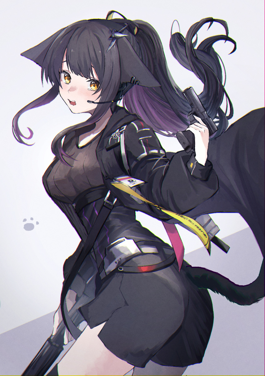 1girl 99noe_honoka animal_ears arknights ass black_jacket black_shirt black_shorts breasts cat_ears cat_girl cat_tail commentary_request gun hair_ornament highres holding holding_gun holding_weapon id_card jacket jessica_(arknights) jessica_the_liberated_(arknights) long_hair looking_at_viewer medium_breasts microphone open_mouth paw_print ponytail purple_background purple_hair shirt shorts simple_background solo tail tearing_up twisted_torso weapon yellow_eyes