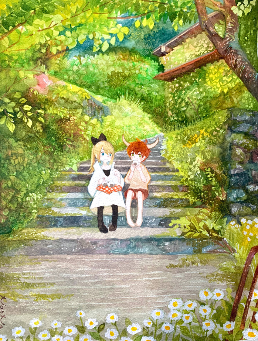 1boy 1girl absurdres animal_ears barefoot blonde_hair blue_eyes bow brown_hair child daisy day dress eating flower food grass green_eyes hair_bow highres holding horns long_hair nature non_na original outdoors painting_(medium) pantyhose short_hair shorts sitting stairs stone_stairs traditional_media tree watercolor_(medium) white_dress white_flower