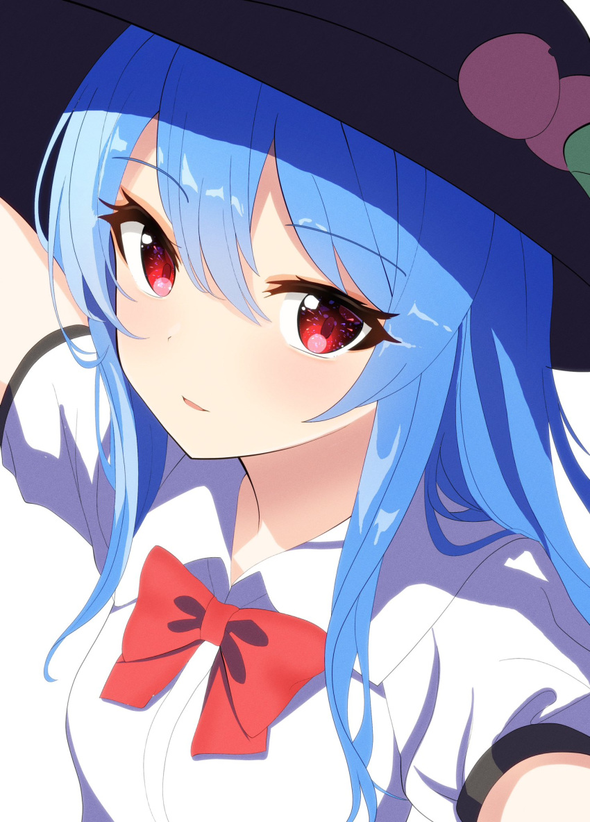 black_headwear blue_hair bow bowtie breasts collared_shirt create_pride food fruit highres hinanawi_tenshi leaf_hat_ornament parted_lips peach peach_hat_ornament puffy_short_sleeves puffy_sleeves red_bow red_bowtie red_eyes shirt short_sleeves sidelocks simple_background small_breasts touhou white_background white_shirt
