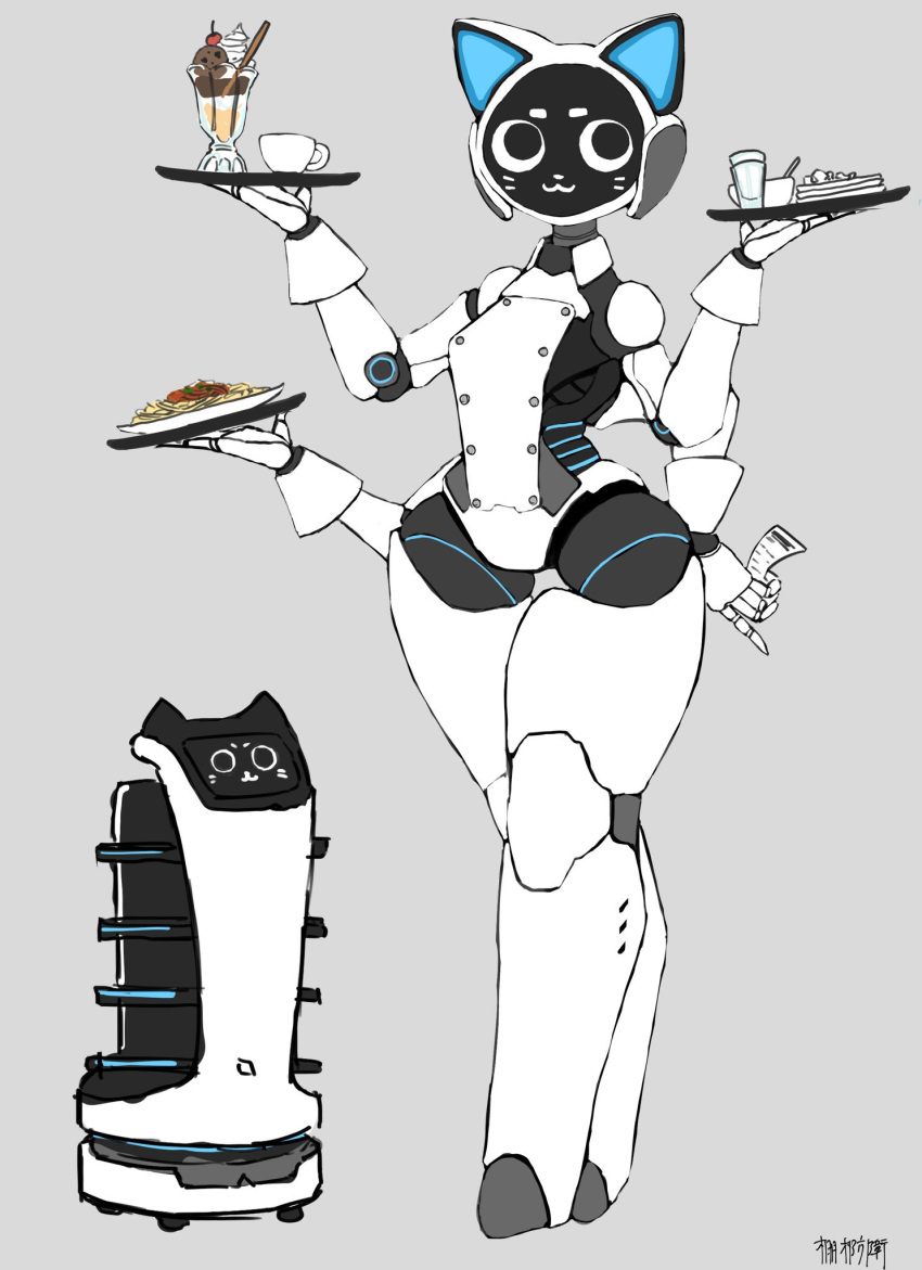 1girl animal_ears bellabot buttons carrefour cat cat_ears double-breasted extra_arms food grey_background highres joints mechanical_arms parfait personification robot robot_girl robot_joints simple_background tanaki_bouei thick_thighs thighs waiter wrist_cuffs