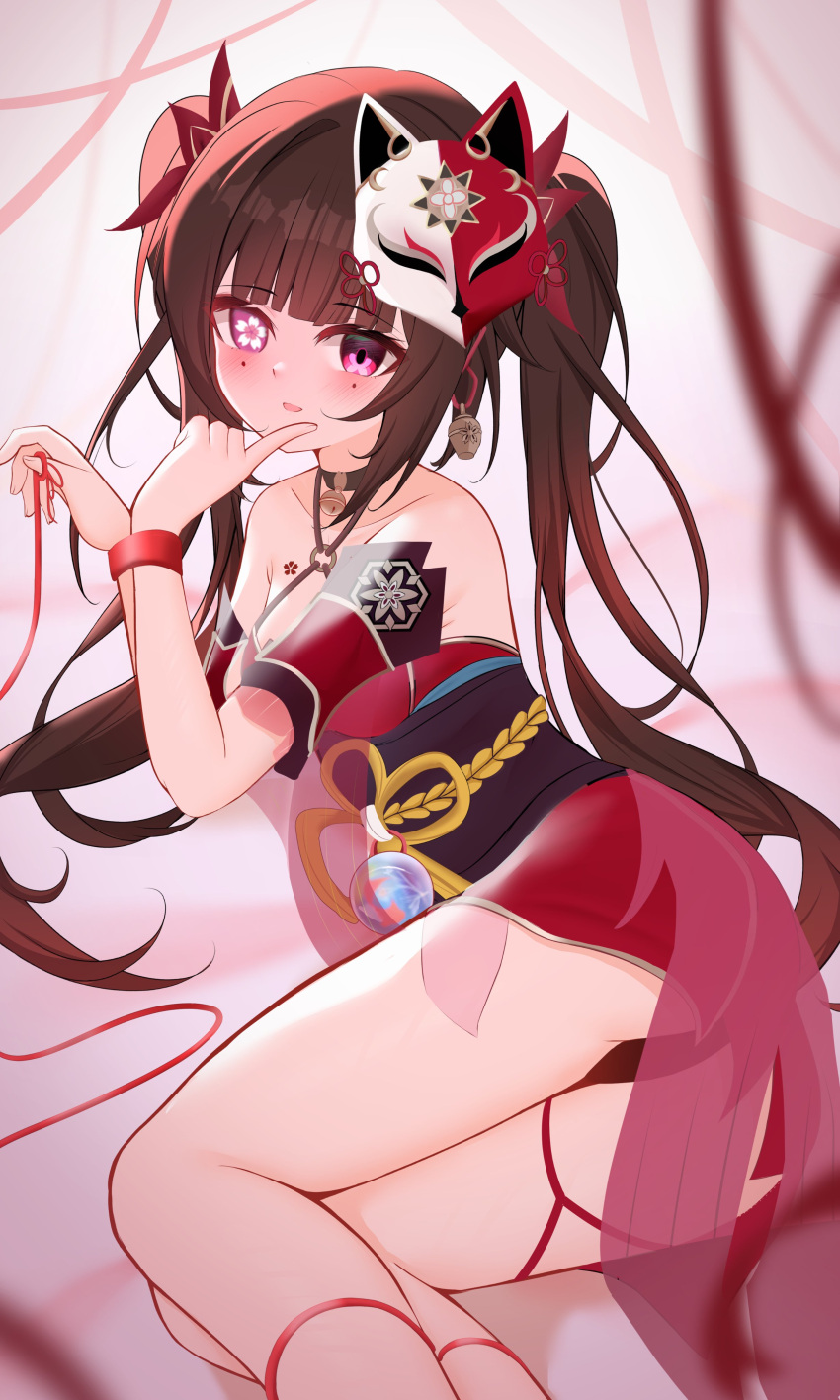 1girl :d absurdres bare_shoulders bell black_choker black_panties bow brown_hair choker collarbone criss-cross_halter detached_sleeves dress feet_out_of_frame finger_to_mouth flower-shaped_pupils fox_mask hair_bow halterneck highres honkai:_star_rail honkai_(series) knosdeba legs_together looking_at_viewer lying mask mask_on_head neck_bell o-ring obi on_side open_mouth panties pelvic_curtain pink_eyes red_bow red_dress red_sleeves sash short_dress short_sleeves sleeveless sleeveless_dress smile solo sparkle_(honkai:_star_rail) string string_of_fate symbol-shaped_pupils thighs twintails underwear