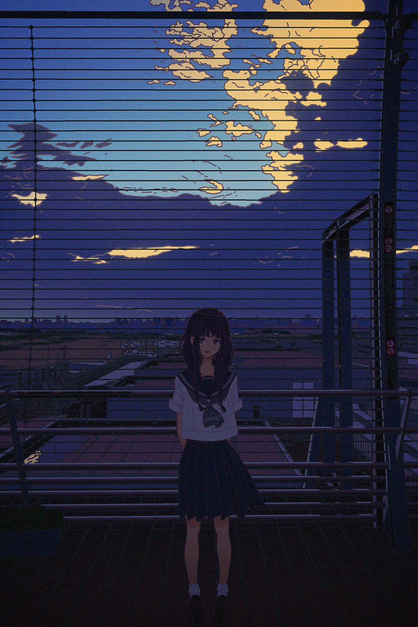 1girl amemori_sayo arms_behind_back black_eyes black_footwear black_hair black_sailor_collar black_skirt blue_sky braid cloud cloudy_sky evening fence full_body grey_neckerchief hair_over_shoulder highres loafers long_hair looking_at_viewer low_twin_braids miniskirt neckerchief nijisanji nkymyura open_mouth outdoors planter pleated_skirt railing rooftop sailor_collar shade shirt shoes short_sleeves sidelocks skirt sky socks solo twin_braids virtual_youtuber white_shirt white_socks wide_shot wooden_floor