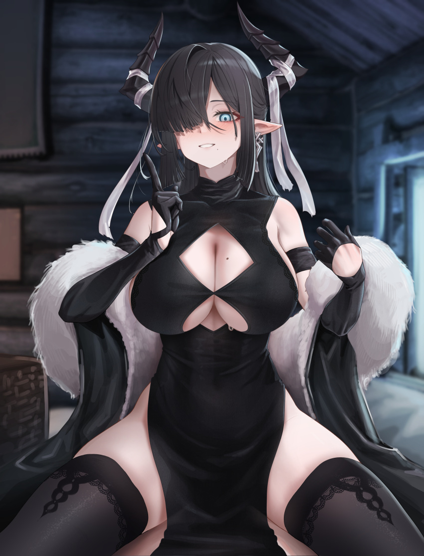 1girl :d absurdres arknights basket_sarkaz_lady black_dress black_gloves black_thighhighs blue_eyes blush breasts brown_hair cleavage cleavage_cutout clothing_cutout cowboy_shot dress feather_boa gloves grin hair_over_one_eye half_gloves hand_up highres horns huge_breasts index_finger_raised indoors large_breasts legs_apart log_cabin long_hair looking_at_viewer mildt mole mole_on_breast one_eye_covered open_mouth pelvic_curtain pointy_ears side_slit sidelocks signature skindentation smile solo teeth thick_thighs thighhighs thighs wooden_wall