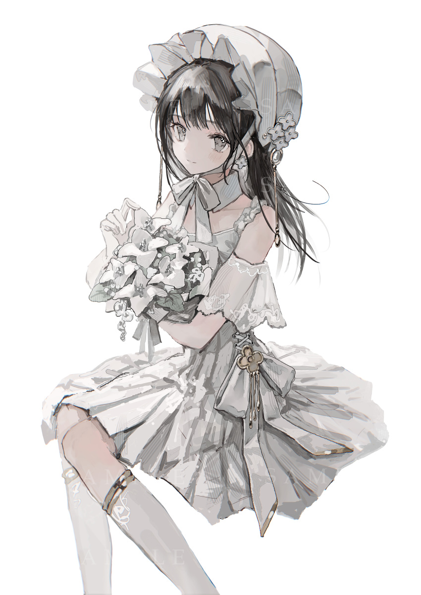 1girl absurdres alternate_costume black_hair blush bonnet bouquet bow bride c-ms_(girls'_frontline) chin_strap collarbone commission detached_sleeves dot_nose dress elbow_gloves eyebrows_hidden_by_hair flower frilled_bonnet frilled_dress frills girls'_frontline gloves grey_eyes highres holding holding_bouquet kumagai_yuka long_hair looking_at_viewer ribbon sample_watermark see-through see-through_sleeves smile solo thighhighs watermark wedding_dress white_background white_bow white_dress white_flower white_gloves white_headwear white_ribbon white_theme white_thighhighs