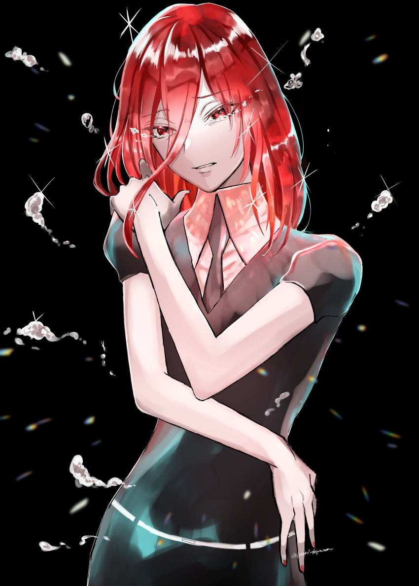 1other absurdres ambiguous_gender androgynous black_background black_necktie black_shirt cinnabar_(houseki_no_kuni) collared_shirt commentary_request gem_uniform_(houseki_no_kuni) highres houseki_no_kuni long_hair looking_at_viewer mercury_(element) necktie parted_lips red_eyes red_hair shirt short_sleeves solo upper_body white_shirt yuri_kyanon