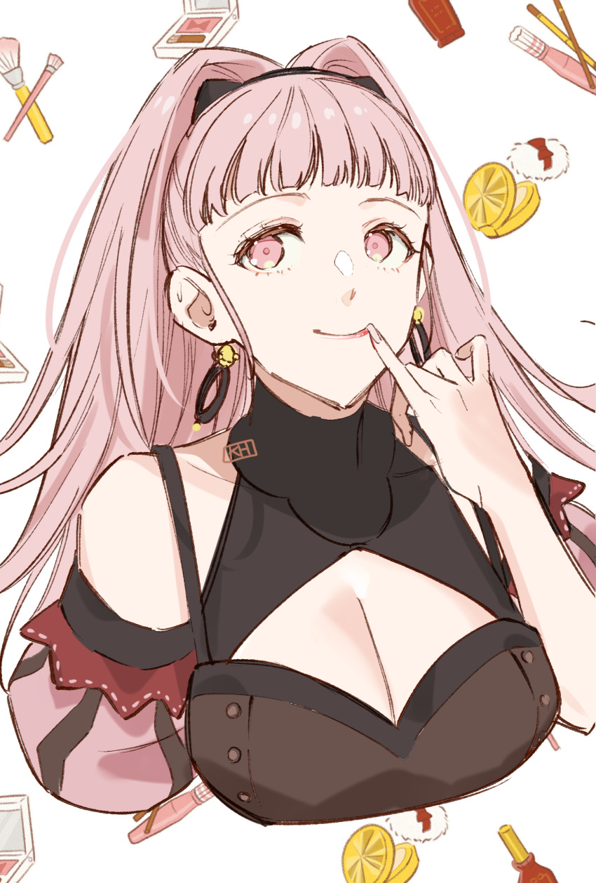 1girl bare_shoulders breasts cleavage commentary_request fire_emblem fire_emblem:_three_houses hand_up highres hilda_valentine_goneril kh_(tanakananataka) large_breasts long_hair looking_at_viewer pink_eyes pink_hair pinky_out puffy_sleeves smile solo upper_body white_background