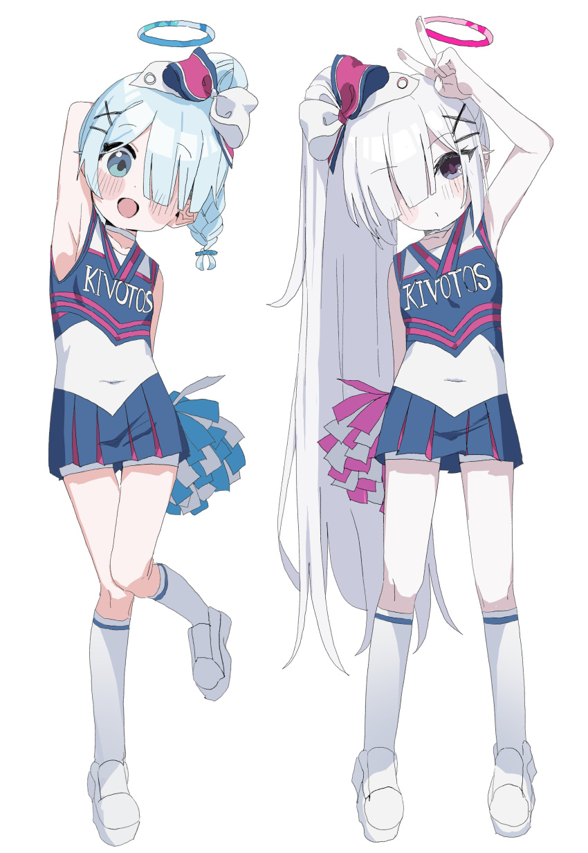 2girls :d absurdres arm_behind_head arm_up arona_(blue_archive) black_eyes blue_archive blue_eyes blue_hair blue_halo blue_skirt blush blush_stickers bow cheerleader choker closed_mouth covered_navel dot_nose flat_chest full_body hair_bow hair_ornament hair_over_one_eye hairclip halo highres holding holding_pom_poms kneehighs long_hair looking_at_viewer multicolored_bow multiple_girls official_alternate_costume one_eye_covered open_mouth otamato119 plana_(blue_archive) pleated_skirt pom_pom_(cheerleading) red_halo red_pupils shirt short_braid short_hair shorts shorts_under_skirt side_ponytail skirt sleeveless sleeveless_shirt smile socks standing standing_on_one_leg v very_long_hair white_background white_choker white_footwear white_hair white_shorts white_socks x_hair_ornament