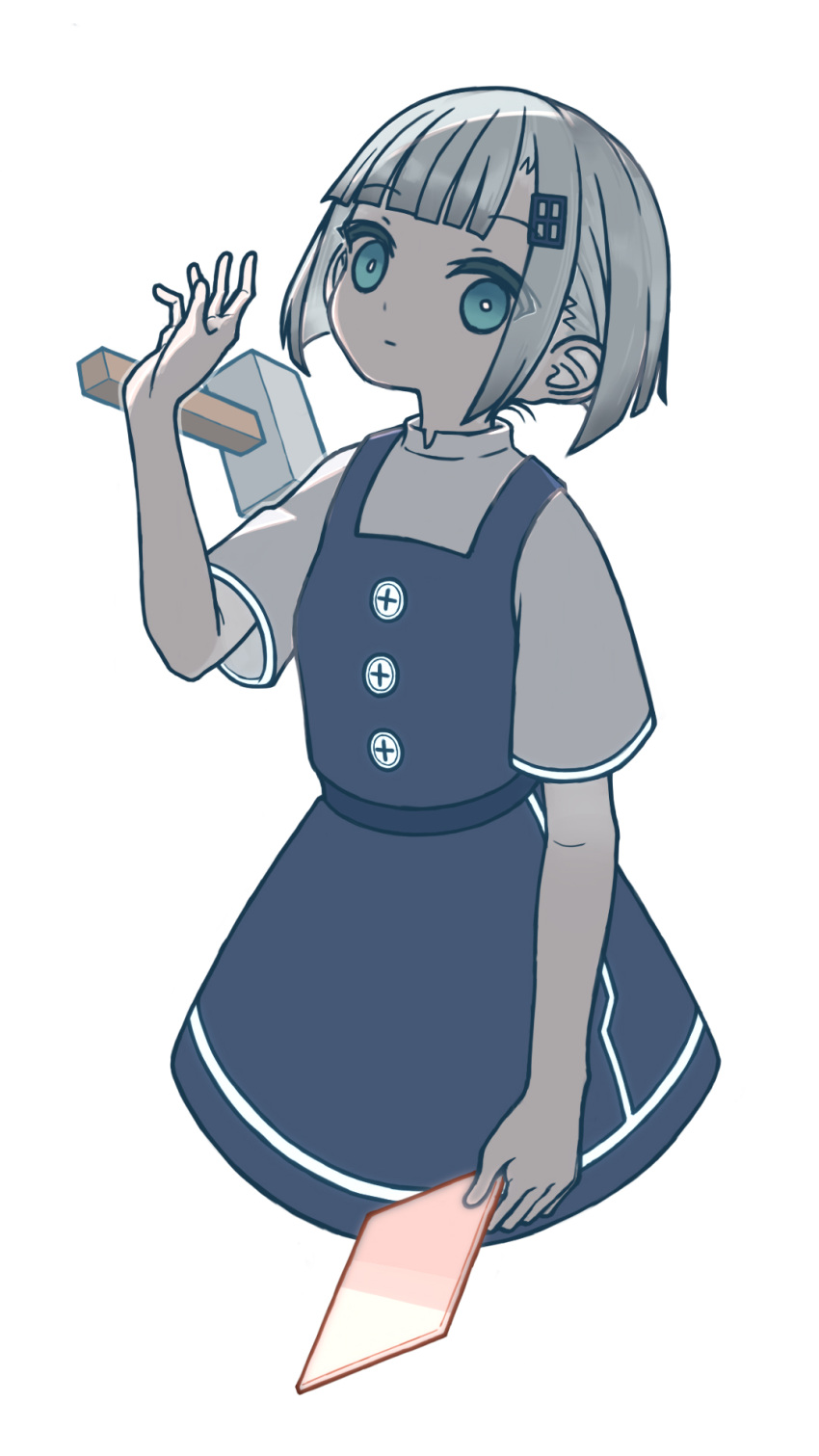 1girl blue_dress blue_eyes blunt_bangs blunt_ends borrowed_character bright_pupils buttons closed_mouth commentary_request cropped_legs dress expressionless grey_hair grey_shirt hammer hand_up highres holding looking_at_viewer oota_mato original pinafore_dress shirt short_hair short_sleeves sidelocks simple_background sleeveless sleeveless_dress solo text_hair_ornament throwing uewtsol white_background white_pupils