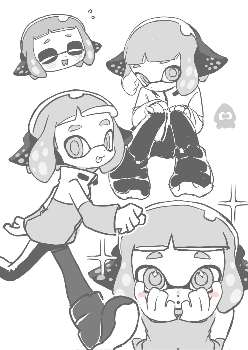 +_+ 1girl :o :p agent_4_(splatoon) blush closed_eyes commentary greyscale hands_on_own_face headphones highres inkling inkling_girl inkling_player_character looking_at_viewer medium_hair monochrome multiple_views p-pepper running simple_background sitting sparkle splatoon_(series) splatoon_2 tentacle_hair thick_eyebrows tongue tongue_out white_background