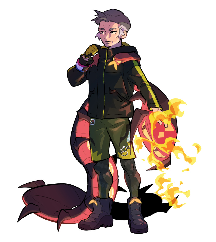 1boy alternate_costume black_eyes black_footwear boots centiskorch closed_mouth commentary dynamax_band evolutionary_line fire gloves green_shorts grey_hair hand_up headpat high_collar highres jacket kabu_(pokemon) leggings long_sleeves male_focus on_shoulder pokemon pokemon_(creature) pokemon_on_shoulder pokemon_swsh redlhzz short_hair shorts single_glove sizzlipede standing white_background