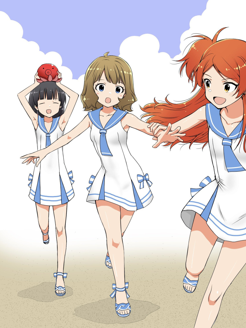 3girls ahoge armpits arms_up beach black_hair blue_eyes blue_sailor_collar blue_sky blunt_bangs blush breasts brown_hair closed_eyes cloud cloudy_sky collarbone dot_nose eyelashes full_body highres holding_another's_wrist idolmaster idolmaster_million_live! idolmaster_million_live!_theater_days matcha_kingyo multiple_girls nakatani_iku object_on_head octopus ogami_tamaki one-piece_swimsuit open_mouth orange_hair outstretched_arms parted_bangs ribbon running sailor_collar sailor_one-piece_swimsuit sailor_swimsuit_(idolmaster) sandals short_hair side_ponytail sidelocks sky small_breasts spread_arms suou_momoko swimsuit wavy_hair yellow_eyes
