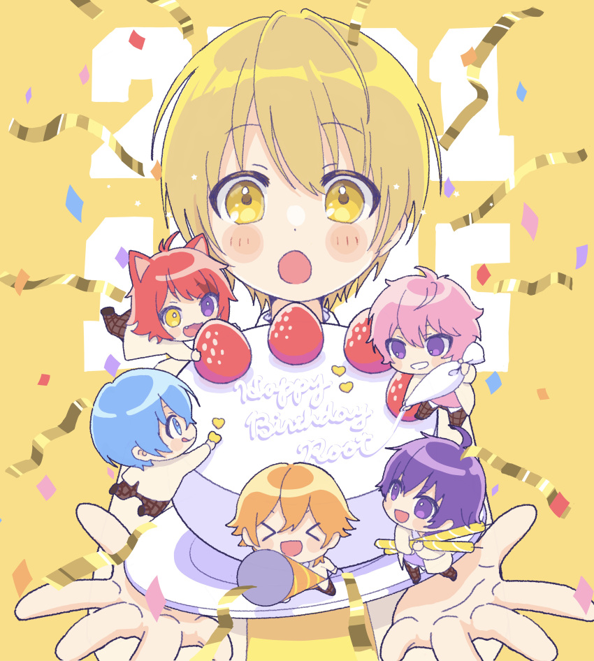 &gt;_&lt; 6+boys absurdres ahoge animal_ears blonde_hair blue_hair blush_stickers candle cat_ears character_name chibi colon_(stpri) confetti dot_nose food fruit happy_birthday highres jacket jel_(stpri) male_focus mini_person miniboy multiple_boys nanamori_(stpri) open_mouth orange_hair outstretched_arms pants pastry_bag pink_hair plaid plaid_pants purple_eyes purple_hair red_hair rinu_(stpri) root_(stpri) satomi_(stpri) short_hair strawberry strawberry_prince uxu_uxa_axa white_jacket yellow_background yellow_eyes