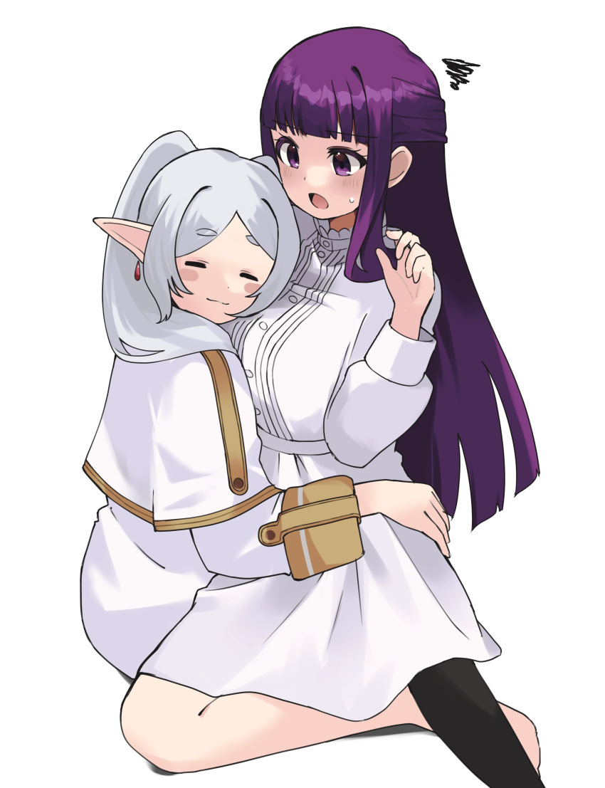 2girls absurdres black_pantyhose blush_stickers capelet closed_eyes closed_mouth commentary dress earrings elf fern_(sousou_no_frieren) frieren hand_on_another's_waist hashtag_only_commentary highres hug jewelry long_hair long_sleeves multiple_girls open_mouth pantyhose pointy_ears purple_eyes purple_hair simple_background sitting sitting_on_lap sitting_on_person sousou_no_frieren sweatdrop thick_eyebrows twintails white_background white_capelet white_dress white_hair yuri zono_(inokura_syuzo029)