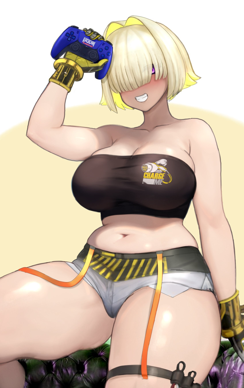 1girl absurdres bandeau black_bandeau black_tube_top blonde_hair blush breasts controller crop_top crop_top_overhang doom_(series) doom_eternal elegg_(nikke) game_console game_controller gloves goddess_of_victory:_nikke grey_shorts hair_intakes highres large_breasts long_bangs looking_at_viewer midriff multicolored_clothes multicolored_gloves multicolored_hair navel playstation_5 purple_eyes raskasar shorts simple_background smile solo strapless suspender_shorts suspenders thigh_strap tube_top two-tone_hair
