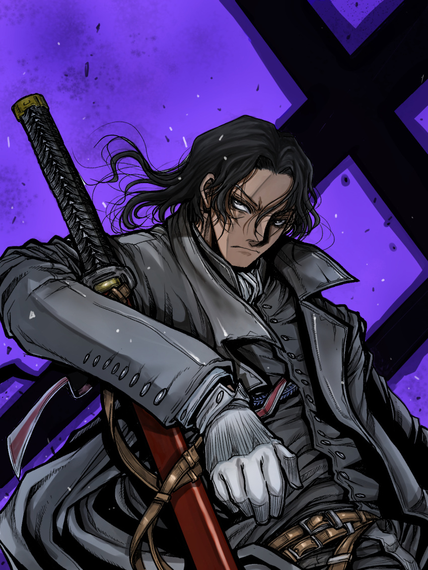 1boy black_coat black_eyes black_hair black_vest clip_studio_paint_(medium) coat commentary_request dark-skinned_male dark_skin frown gloves highres hirano_kouta katana male_focus medium_hair original purple_background sheath sheathed solo sword upper_body vest weapon white_gloves