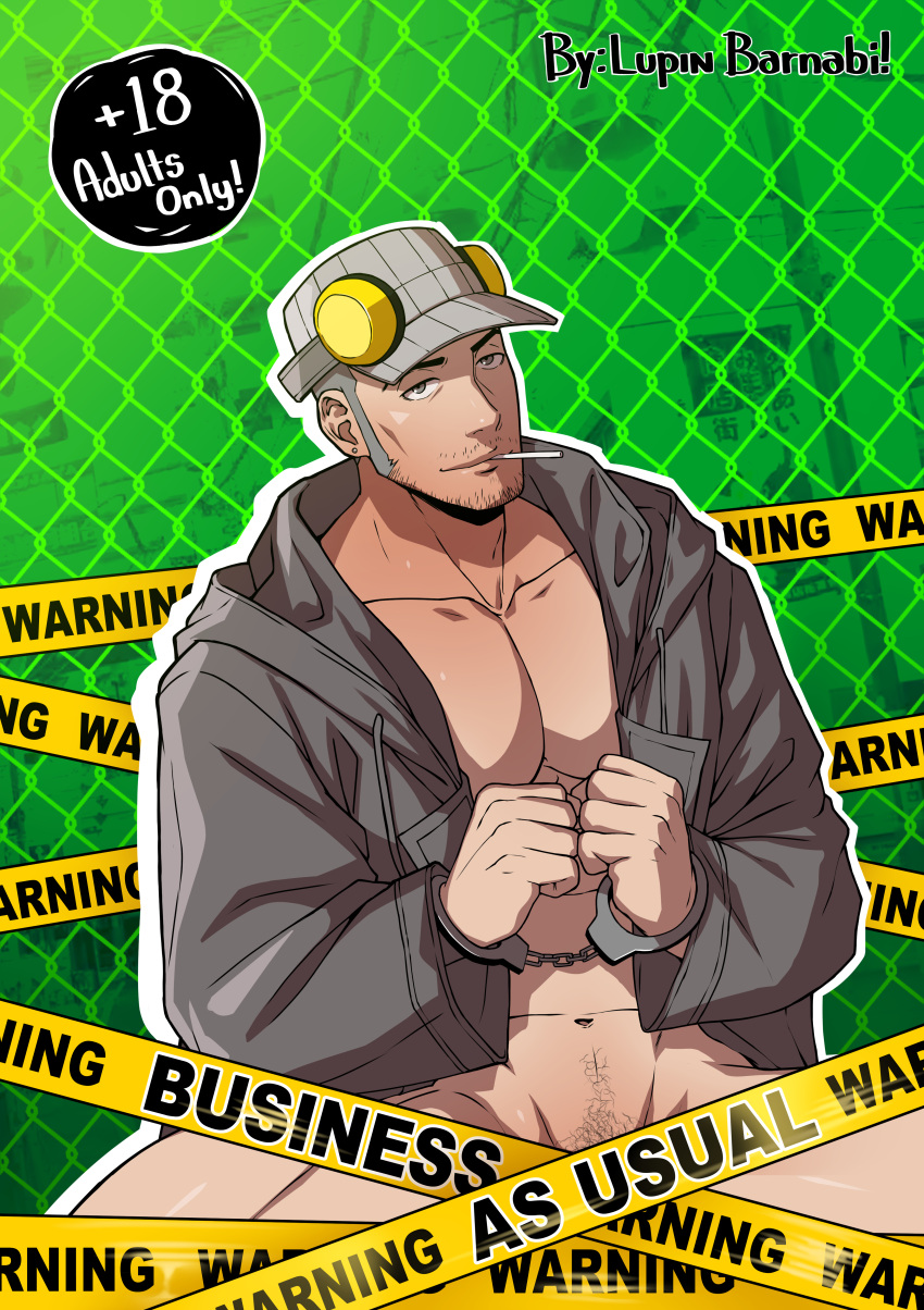 1boy abs absurdres bara bottomless caution_tape cover cover_page cowboy_shot cuffs doujin_cover facial_hair grey_hair handcuffs headphones highres iwai_munehisa jacket large_pectorals long_sideburns looking_at_viewer lupin_barnabi male_focus mature_male multiple_boys muscular muscular_male mustache_stubble naked_jacket navel paid_reward_available pectoral_cleavage pectorals persona pubic_stubble seductive_smile short_hair sideburns smile solo sparse_stubble stubble thick_eyebrows thick_thighs thighs